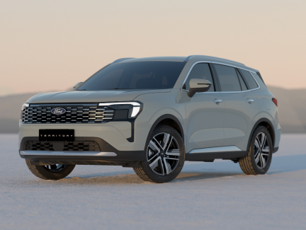 New 2026 Ford Territory SUV in Cactus Grey, front three-quarter view, parked on salt flats at sunset - South Africa launch.