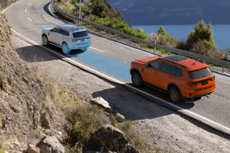Ford Everest towing assistance on a winding road
