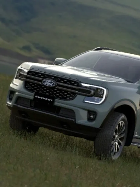Silver Ford Everest SUV on a grassy hillside