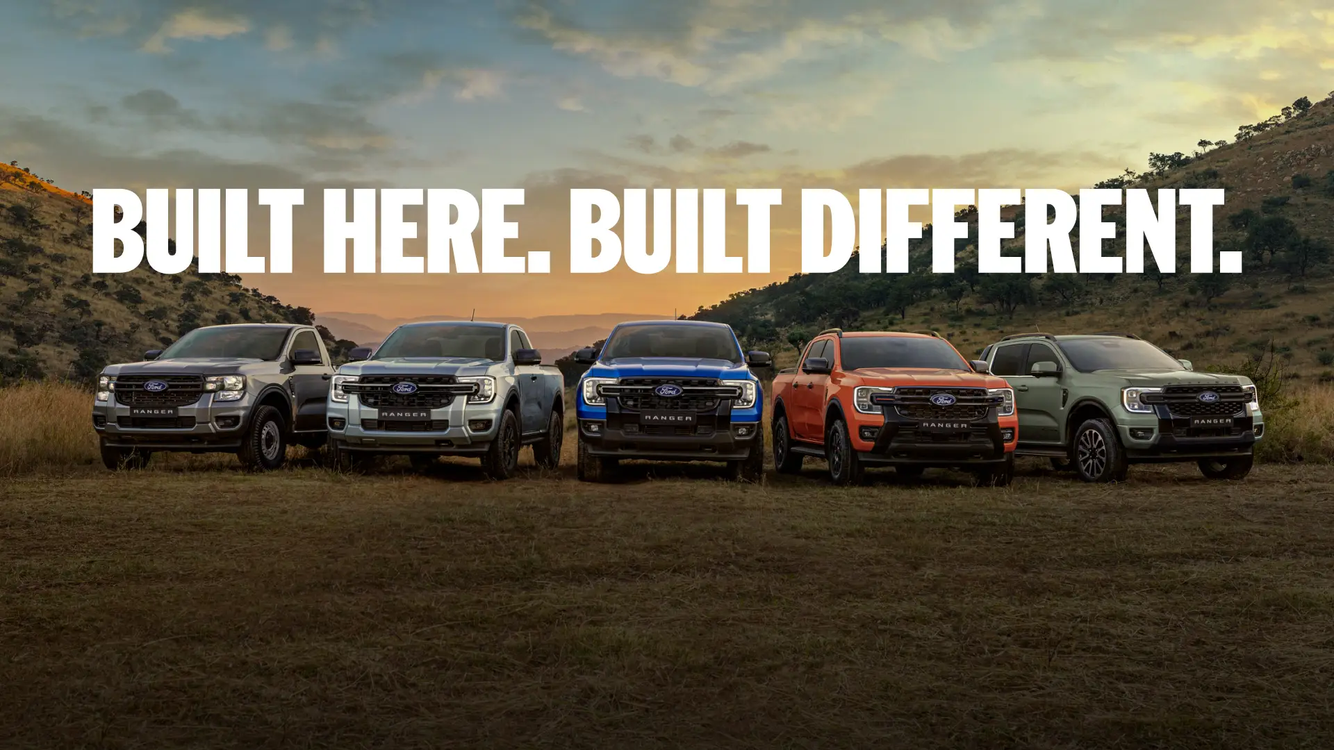 ford ranger lineup with multiple models at sunset