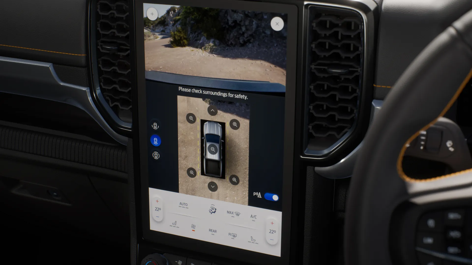 Ford Ranger screen showing 360 degree camera view.