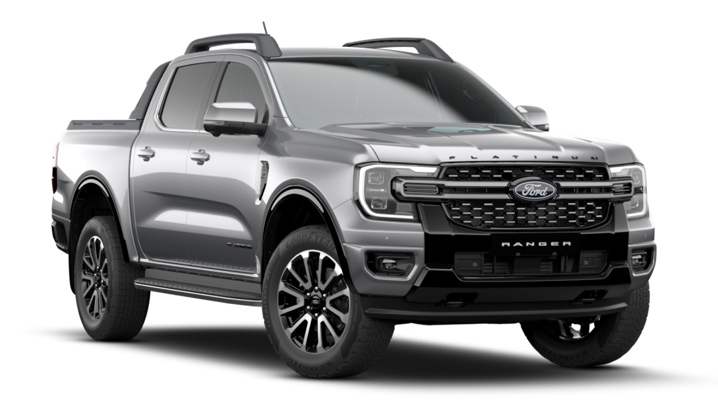 Silver Ford Ranger Platinum double cab front angle view.