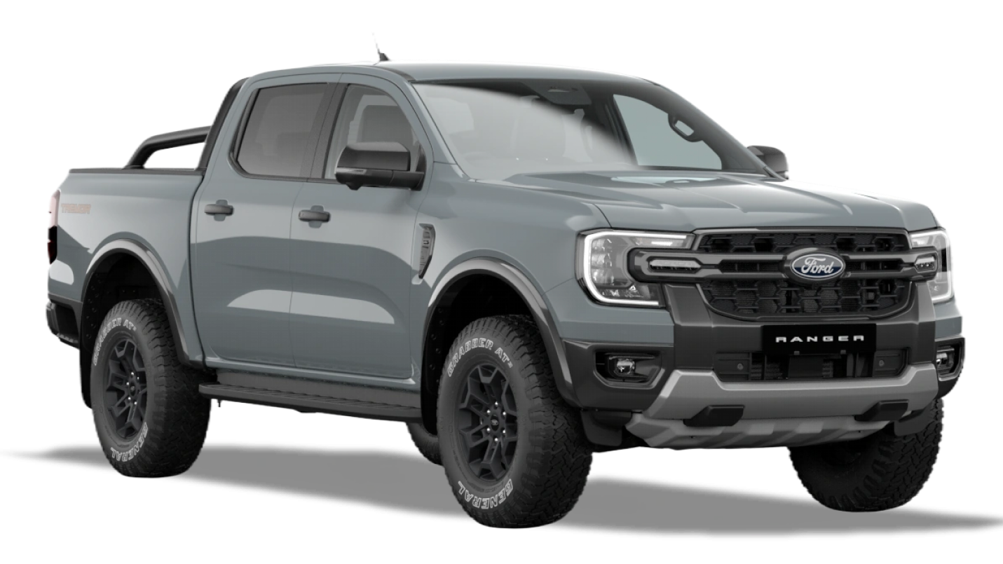 Grey Ford Ranger Tremor double cab front angle view.
