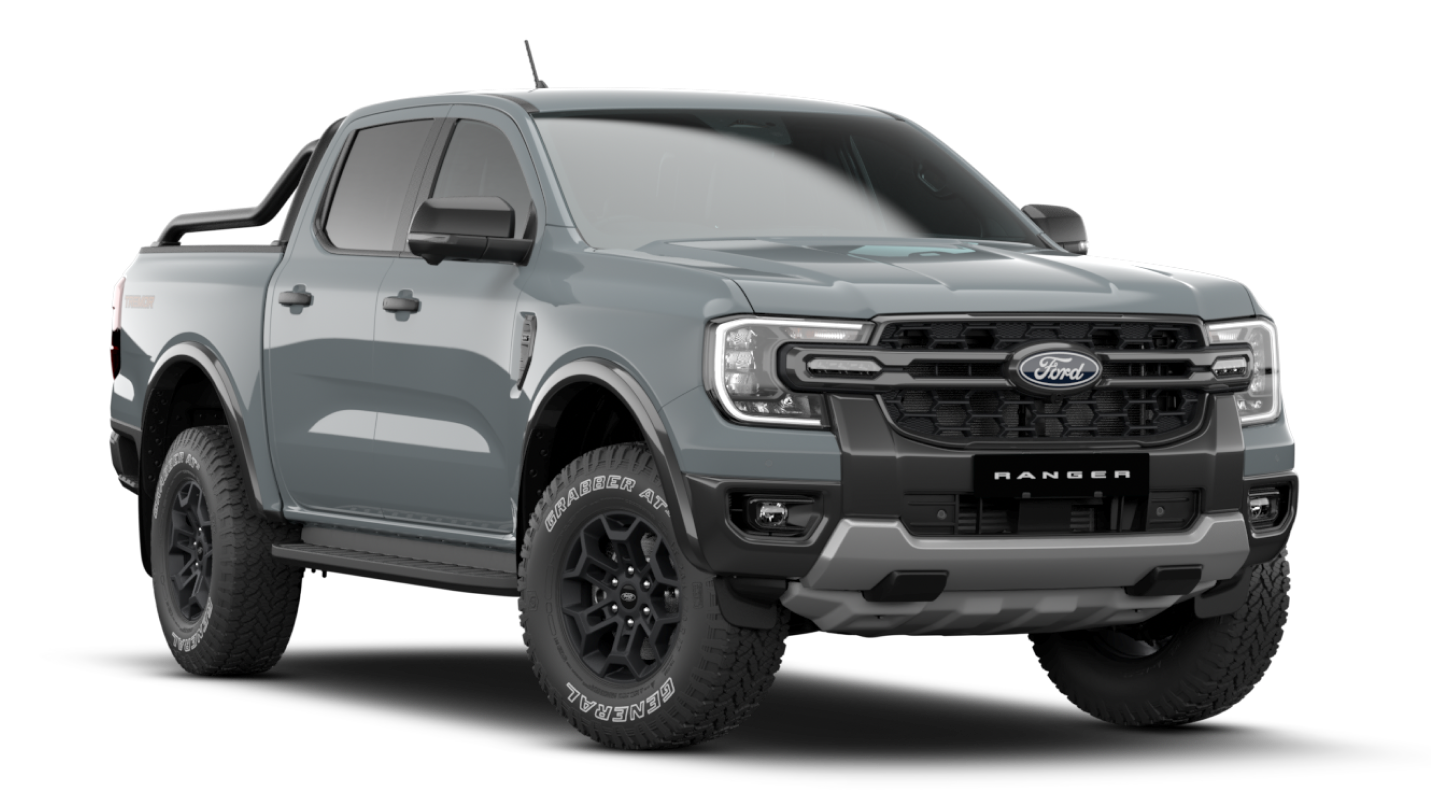 Grey Ford Ranger Tremor double cab front angle view.