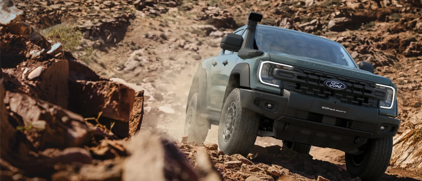green color ford ranger super duty off roading on overview