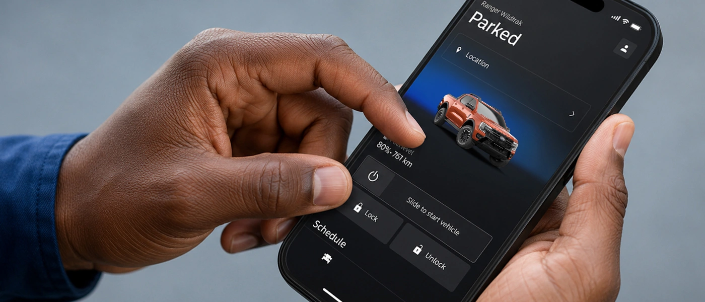 Smartphone displaying Ford Ranger remote control and vehicle status app.