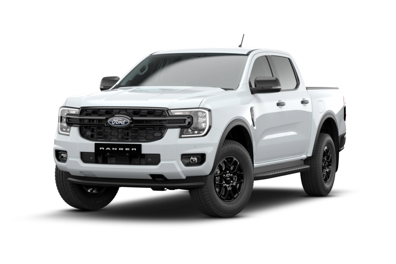 White Ford Ranger XLT double cab front angle view.